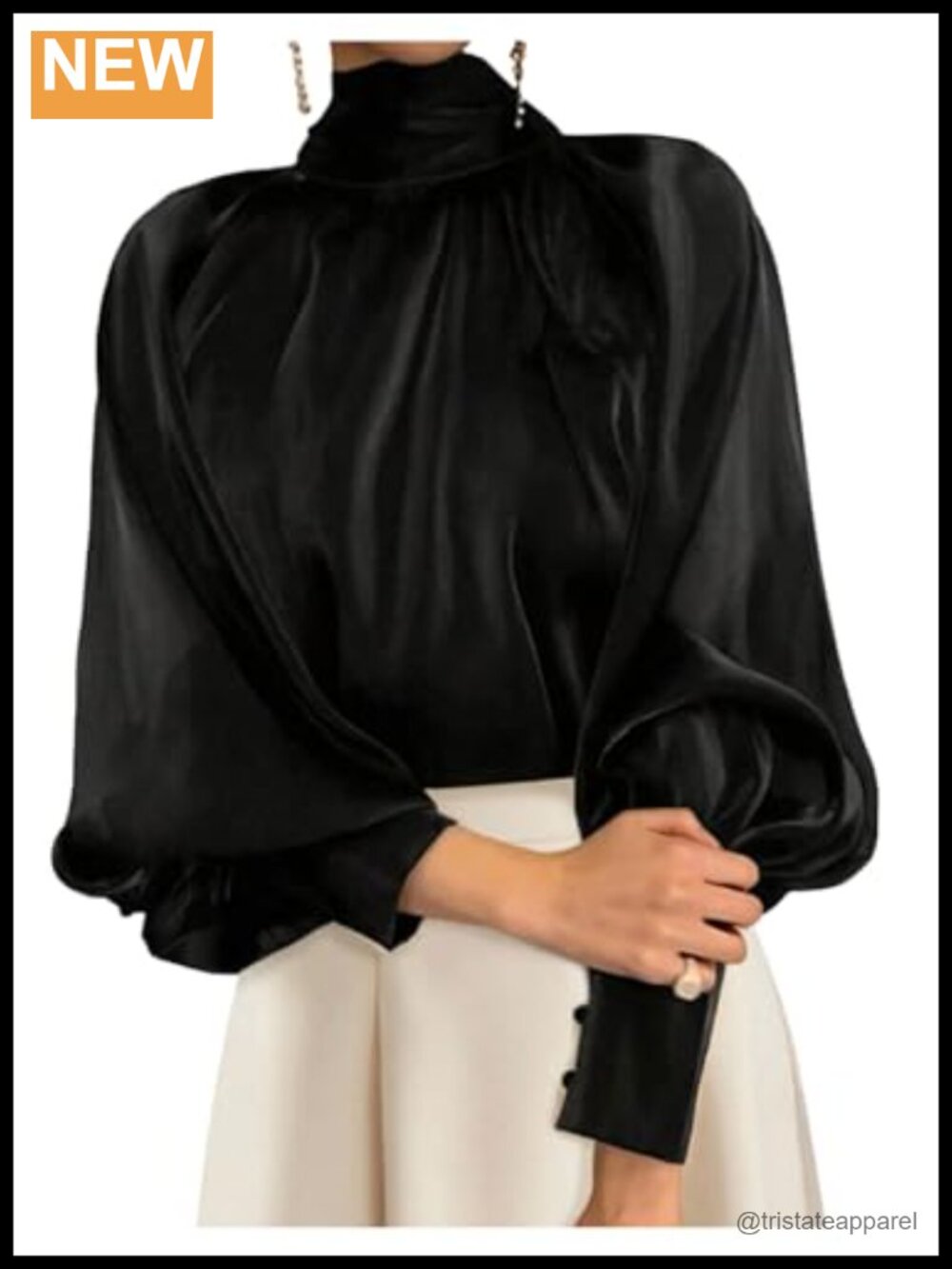 Womens Satin Mock Neck Blouse Long Lantern Sleeve Bow Tie Back Work Top